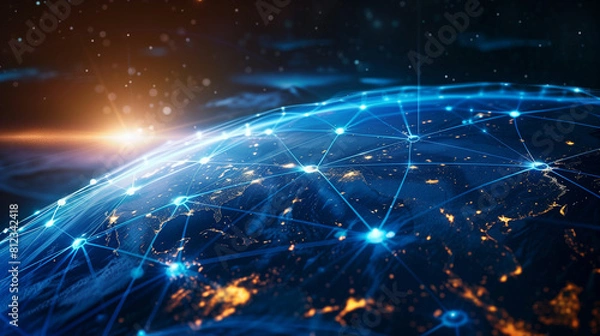 Fototapeta Digital Earth: Global Network, Fast Data, Cyber Tech, Info Sharing, Worldwide Communication. World Internet Map: Exploring Global Connections, Fast Data Sharing, Cyber Tech, Info Swaps, and Global Co