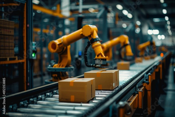 Fototapeta Robot arms in a warehouse preparing boxes for delivery on a conveyor belt.