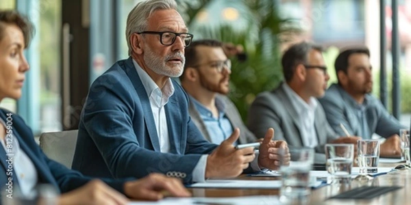 Fototapeta A distinguished senior businessman leads a discussion at a professional meeting table