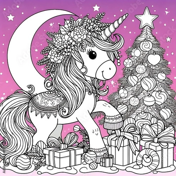 Fototapeta A coloring page of a unicorn with a christmas tree and presents image photo has illustrative meaning card design illustrator.