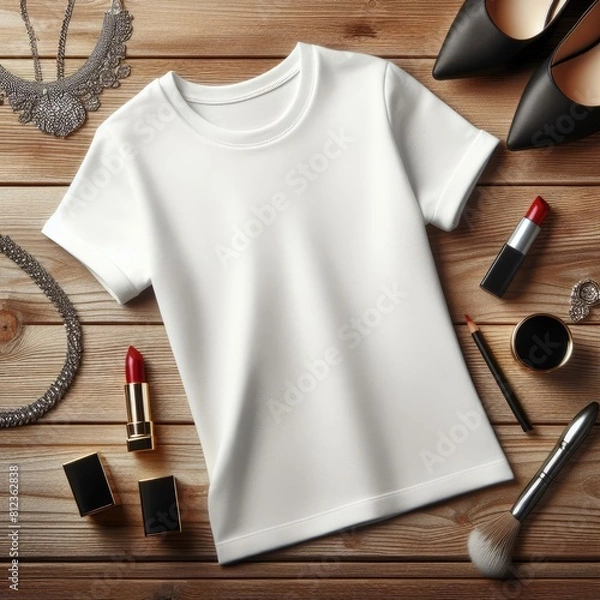 Fototapeta A white t shirt mockup and makeup items on a wooden surface image art card design illustrator.