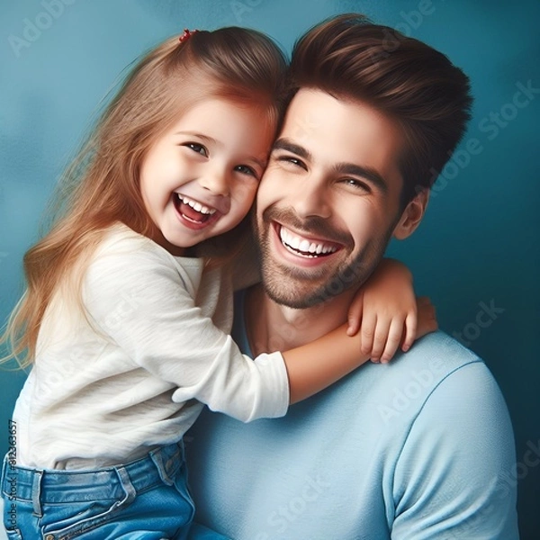 Obraz Happy Fathers Day banner background with a young dad and little daughter hugging and laughing