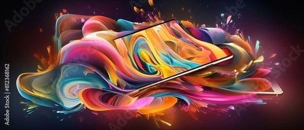 Fototapeta Illustrate a dynamic side view of a smartphone engulfed in a colorful whirlwind of likes, comments, and shares, portraying social media engagement in a digital painting style
