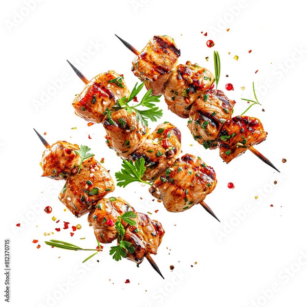 Obraz Grilled Chicken Skewers flying in air with spices png cutout isolated on transparent background 