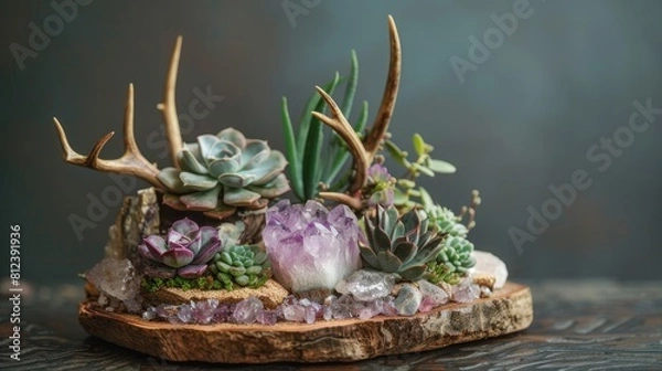 Fototapeta A tiny arrangement featuring a rock crystal gem a potted plant and saiga antlers on a wooden stand Succulents and gemstones displayed on the surface
