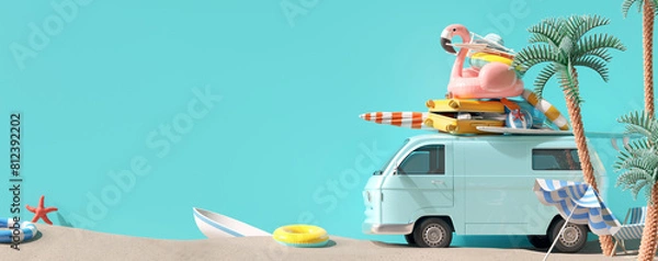 Obraz Summer vacation, travel holiday, van and beach accessories on blue  background. 3d rendering	