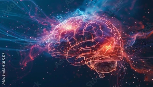 Fototapeta A dynamic image of a brain surrounded by swirling light trails, symbolizing rapid cognitive activity