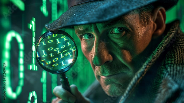 Fototapeta close-up of a man in a detective's outfit, scrutinizing digital code through a magnifying glass