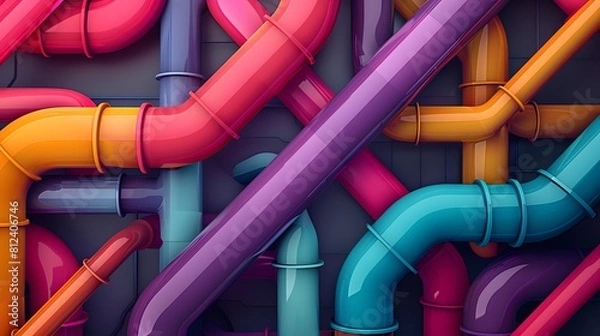 Fototapeta Colorful pipes of varying sizes and shapes arranged in an abstract pattern, representing the concept of water flow through menu system designs. 
