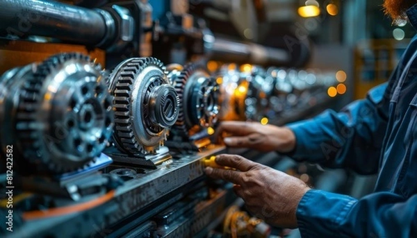 Fototapeta A highenergy photo of an electricians hands installing a complex geardriven machine