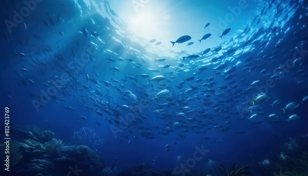 Fototapeta Groups of giant Tuna fish in the underwater, coral reef, amazing underwater life, various fish and exotic coral reefs, ocean wild creatures background
