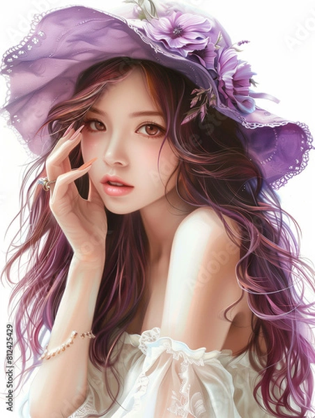 Obraz Round-eyed, long-haired model with a slender figure wearing a purple baoter hat, AI generative