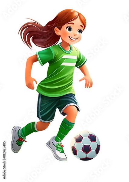 Obraz Football girl in green team shirt and orange shorts, AI generative