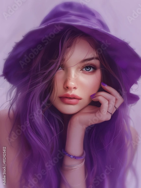 Obraz Illustration image of beautiful gilr with violet hair and baotar hat, AI generative