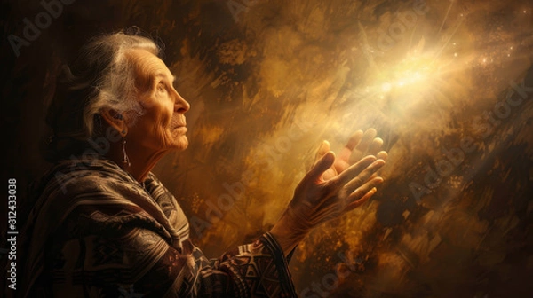 Obraz An elderly woman prays with outstretched hands, receiving a gift from heaven. The hands of the gray-haired woman are illuminated by golden light. Religion concept.
