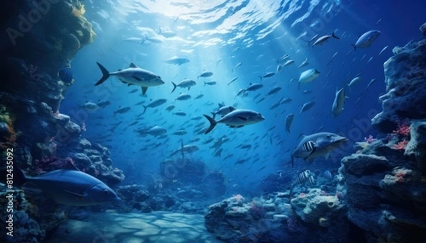 Fototapeta Groups of giant Tuna fish in the underwater, coral reef, amazing underwater life, various fish and exotic coral reefs, ocean wild creatures background