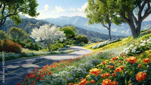 Fototapeta andscaped road where carefully selected flowers enhance the beauty of the surrounding scenery, creating a visual masterpiece
