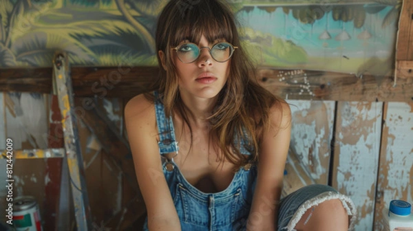 Obraz Young woman with glasses and overalls in an artistic setting