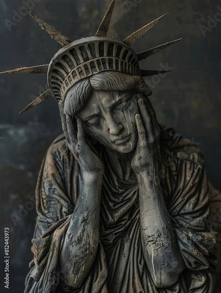 Fototapeta Emotional statue of liberty with her head in hands American state of grief and depression