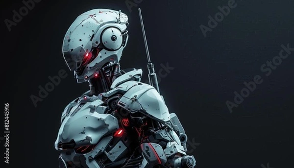 Fototapeta Show a battleready cyborg with armor and weapons integrated, highlighted on a black background with horizontal banner space
