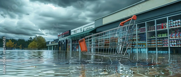 Fototapeta a shopping cart submerged in water outside a flooded grocery store with dark clouds overhead