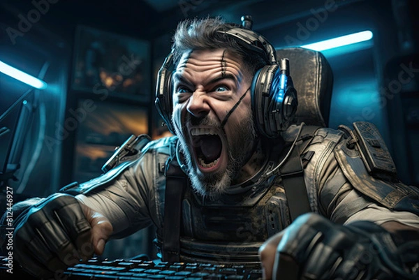 Fototapeta A crazily stressful man shouting in front of the keyboard during gaming represents theNational Video Game Day
