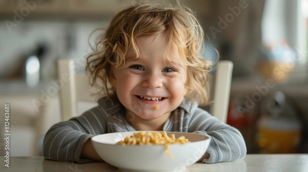 Fototapeta A cheerful young child with curly hair smiling at the camera, sitting at a table with a bowl of food, likely pasta, in front of them.