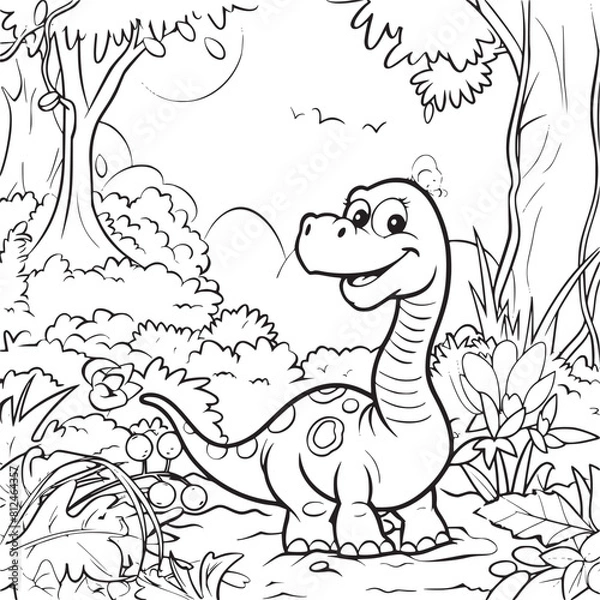 Fototapeta Coloring Pages Cute Tyrannosaurus Dinosaur of meadows, trees, mountains and clouds. Printable Coloring book Outline black and white.