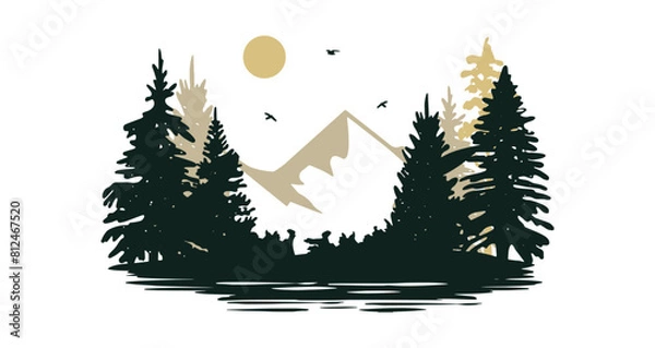 Fototapeta woodland landscape with mountains and lake vector silhouette. mountain landscape with fir trees and water vector logo