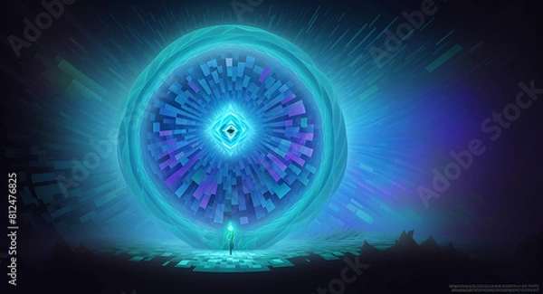 Fototapeta Digital Glitch: Surreal Pixelated Figure in Neon Kaleidoscope, human trapped in AI and computer concept