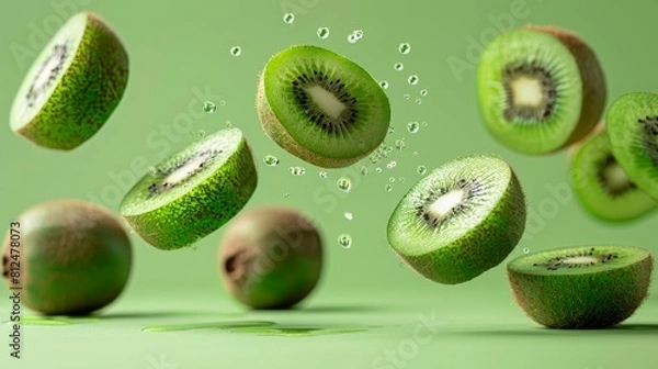 Fototapeta Refreshing image of kiwi slices and water droplets suspended in mid-air against a soft green background, highlighting freshness and detail.