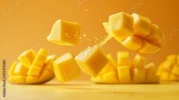 Fototapeta Dynamic image of fresh mango cubes in mid-air, splashing juice against a vivid yellow background, highlighting tropical freshness.