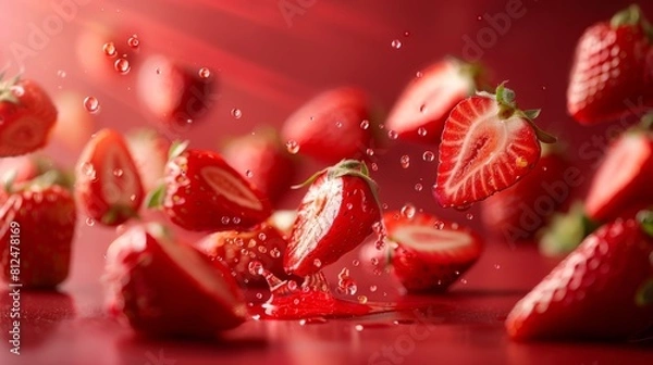 Fototapeta Dynamic and vivid display of strawberries with droplets in mid-air, perfectly aligned against a deep red background, showcasing their freshness and flavor.