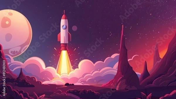 Fototapeta Spaceship takes off into the sky. Rocket starts into space. illustration