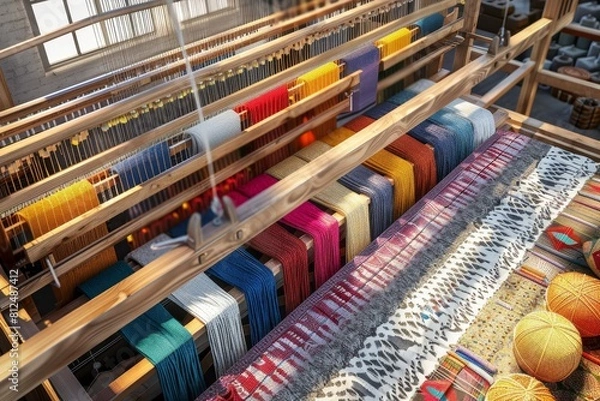 Fototapeta A room with many colorful fabrics and a large loom