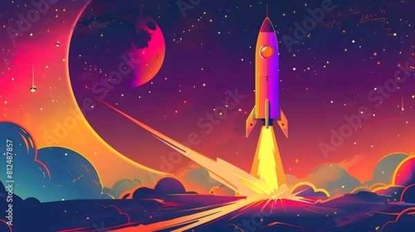 Fototapeta Spaceship takes off into the sky. Rocket starts into space. illustration