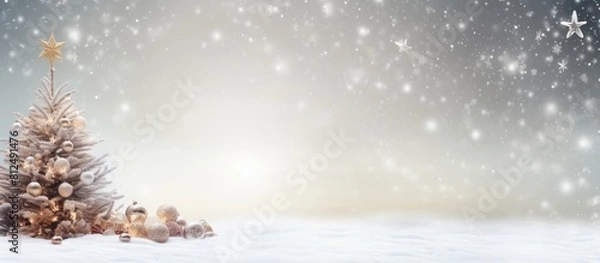 Fototapeta Christmas background featuring a festive Christmas tree adorned with a white star snow and pearls creating a beautiful copy space image