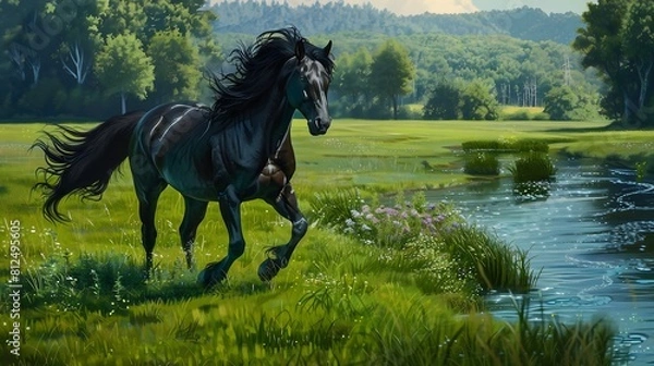 Fototapeta  Intriguing 3D painting showcasing a regal black mare, its glossy coat and flowing mane meticulously rendered in lifelike detail. 
