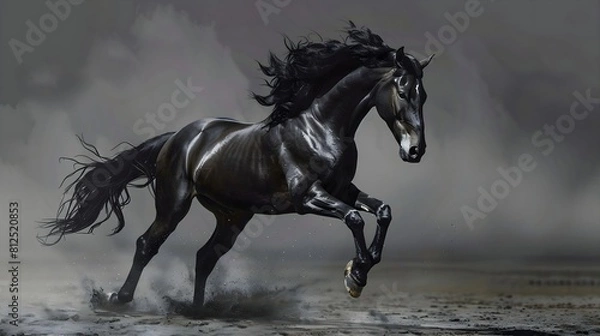 Fototapeta  Intriguing 3D painting showcasing a regal black mare, its glossy coat and flowing mane meticulously rendered in lifelike detail. 
