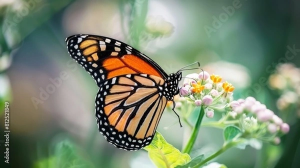 Fototapeta Monarch butterfly. Danaus plexippus resting on a flowering plant . generative ai