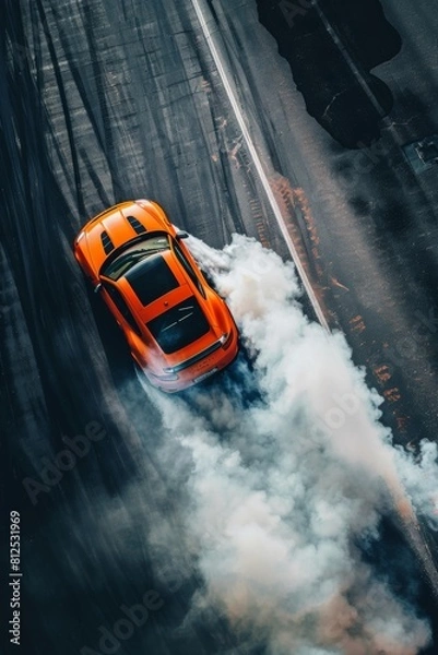 Fototapeta  Drift, Aerial View of Professional Driver Executing a Perfect Drift on Asphalt Track orange car