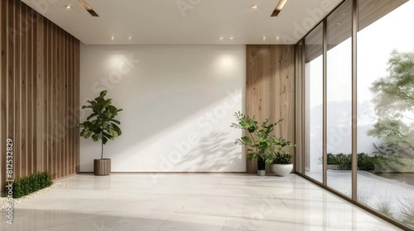 Fototapeta A large, empty room with a white wall and wooden paneling