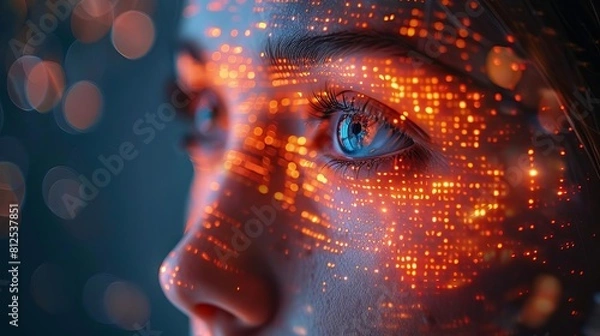 Fototapeta Young woman's face with glowing orange and blue technology pattern over her skin and eye.