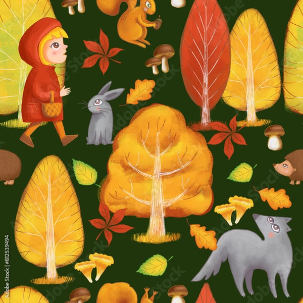 Fototapeta Little girl walking in the forest, background autumn - seamless pattern