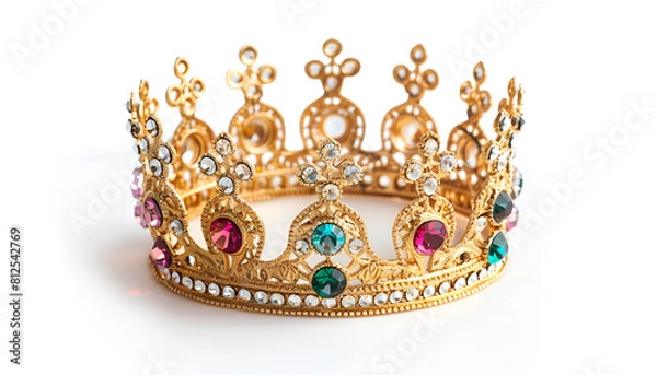 Fototapeta Beautiful gold crown with gems isolated on white