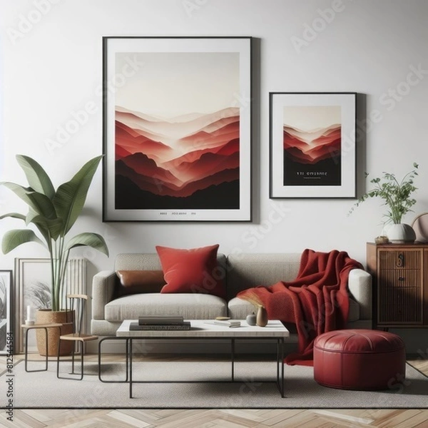 Fototapeta A living room with a template mockup poster empty white and with a couch and a coffee table photo attractive has illustrative meaning.