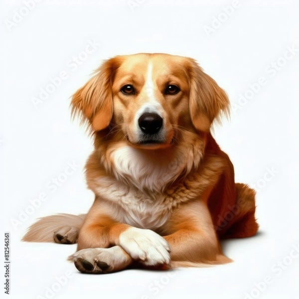 Fototapeta A dog lying down looking at the camera image realistic photo attractive card design illustrator.