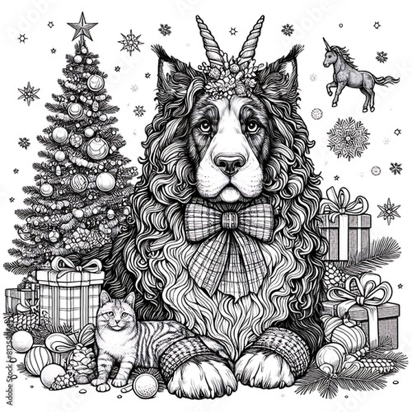 Obraz A dog with horns and a bow tie and a cat with a christmas tree image photo attractive harmony used for printing illustrator.