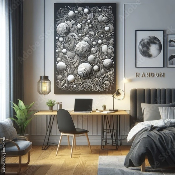Fototapeta A Room with a template mockup poster empty white and with a bed and a desk and chair art attractive lively has illustrative meaning.