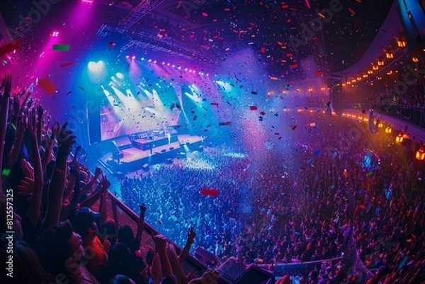 Obraz A lively crowd at a concert venue filled with vibrant stage lights of different colors, celebrating as confetti falls from above